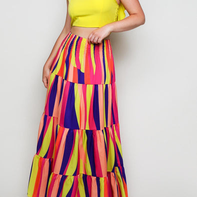 SHIRRED CROP TOP ALLOVER PRINT SKIRT SET