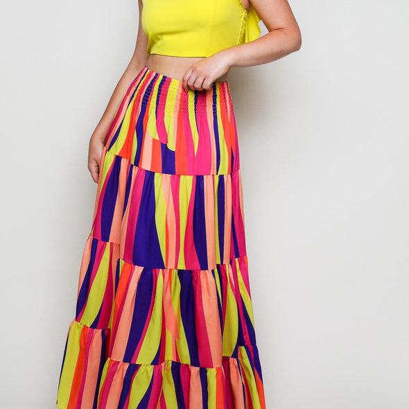 SHIRRED CROP TOP ALLOVER PRINT SKIRT SET