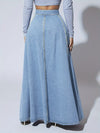 Fashionable Retro Flare Denim Skirt - Single-Breasted & High Rise - Timeless Maxi Silhouette in Washed Blue - Comfortable Inelastic Denim for Tall Womens Style