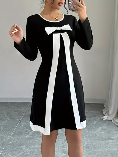 Elegant Women's Black & White Color Block Long Sleeve Dress with Bow Detail - Crew Neck, Knee-Length, Stretchy Polyester Blend, Machine Washable