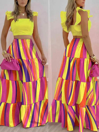 SHIRRED CROP TOP ALLOVER PRINT SKIRT SET