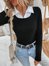 Color Block 2 In 1 Collared Blouse, Elegant Long Sleeve Top For Spring & Fall, Women's Clothing