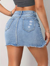 Chic Light Blue High-Waisted Bodycon Jean Mini Skirt - Stretchy, Casual Fit, Ripped Distressed Hem, Flattering Silhouette, Perfect for Daily Wear, Summer Outings and Casual Gatherings