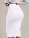 White high-rise stretchy denim skirt with a figure-hugging design and front slit, perfect for stylish casual wear.