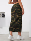 Fashionable camo denim midi skirt with slant pockets, showcasing back view and side split design, perfect for casual outfits.