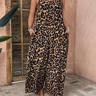 Women'S Plus Size Leopard Print Jumpsuit - J644, Elegant Scoop Neck Knit Fabric with Slight Stretch, 100% Polyester, All-Season Slingback with Pockets, 165 g/m² Weight