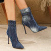 Chic Womens Denim Stiletto Boots - Sharp Pointed Toe, Sky-High Heels, Versatile All-Match Style with Smooth Side Zipper - Short Fashion Boots