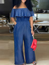 One Casual Faux Denim Foldover Off Shoulder Jumpsuit, Wide Leg Spring & Summer Cinched Waist Women's Clothing for Chic Summer Look