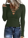 2024 New Arrival: Women's Long Sleeve Solid Color V Neck Waffle Knit Striped Casual Sweater Top