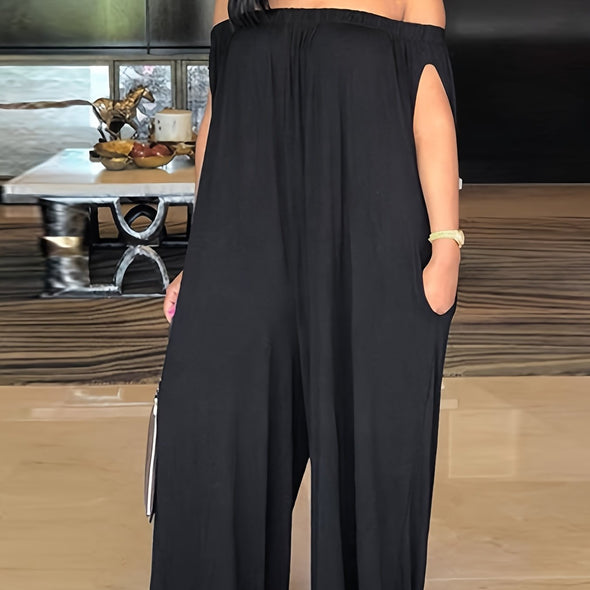 Women'S Plus Size Elastic Strapless Bandeau Jumpsuit, Polyester 95% Elastane 5% Knit Fabric, Long Length with Pockets, Medium Stretch, H Fit for Spring/Summer - No Belt