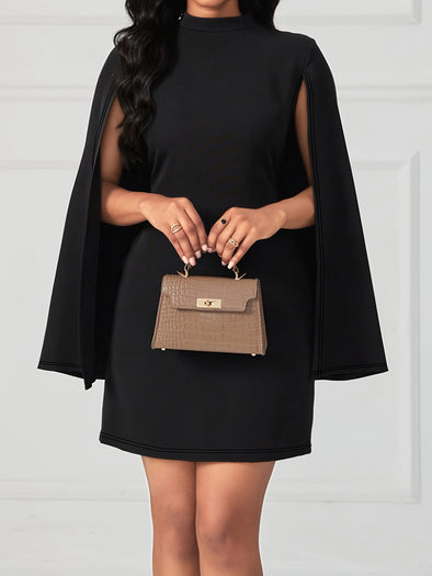 Elegant Plus Size Women's Dress - Solid Color, Mock Neck with Cape Sleeves & Side Slit for Fall/Winter