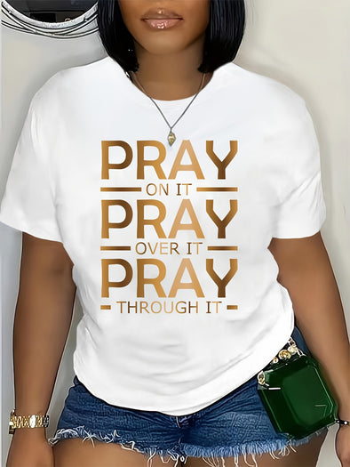 Pray Letter Print T-shirt, Casual Crew Neck Short Sleeve Top For Spring & Summer, Women's Clothing