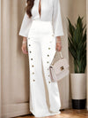 Women's Chic Solid High Waisted Slight Flared Pants Botton Front Design Split, Business Style Idea for the Season