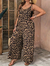 Women'S Plus Size Leopard Print Jumpsuit - J644, Elegant Scoop Neck Knit Fabric with Slight Stretch, 100% Polyester, All-Season Slingback with Pockets, 165 g/m² Weight