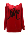 Stylish Women's Off-Shoulder LOVE Print Sweatshirt - Sexy Long Sleeve, Polyester Blend, Machine Washable - Perfect for Fall, Red