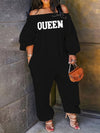 Queen-Print Chic Off-Shoulder Jumpsuit - Comfort-Fit Long Sleeve, Versatile Casual to Trendy Outfit for Women