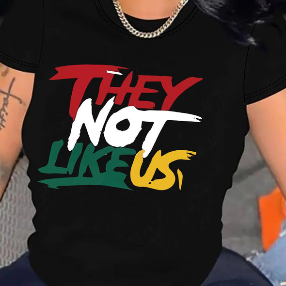 Vibrant They Not Like Us Letters Graphic Print T-Shirt - Women's Short Sleeve Crew Neck Casual Top for Summer & Spring - Relaxed Fit, Soft Fabric, Breathable, Comfortable, and Stylish Women's Clothing