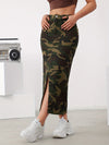 Fashionable camo denim midi skirt with side split and pockets, perfect for casual looks and stylish outfits.