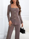 Square-neck Buttoned Elegant Pants Suit, Long Sleeve Split Top & Pants, Women's Clothing