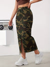 Fashionable camo denim midi skirt with slant pockets and side split, styled for casual outfits and comfort.