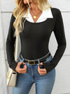 Color Block 2 In 1 Collared Blouse, Elegant Long Sleeve Top For Spring & Fall, Women's Clothing