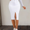 High-rise white denim skirt with front slit, perfect for casual everyday wear in women's fashion.