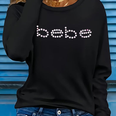 BEBE Casual Long Sleeve T-Shirt - Letter Print, Crew Neck, Stretchy Polyester Blend, Machine Washable - Perfect for All Seasons, Long Sleeve