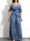 Flirty Ruffle Layered Cold Shoulder Jumpsuit - Casual Tie Front, Wide Leg Design - Perfect for Spring & Summer - Womens Fashion Must-Have