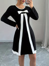 Elegant Women's Black & White Color Block Long Sleeve Dress with Bow Detail - Crew Neck, Knee-Length, Stretchy Polyester Blend, Machine Washable