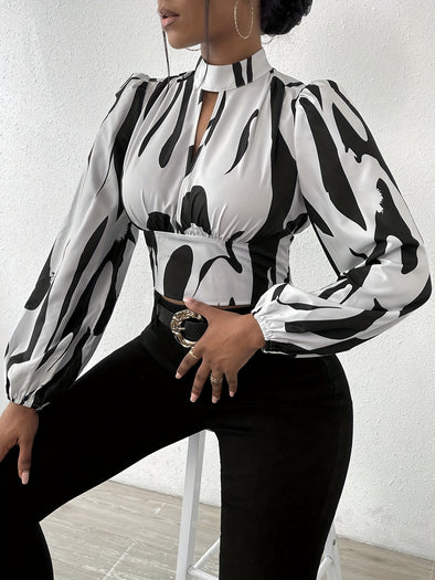 Geometric Print Elegant Long Sleeve Crop Blouse - Halter Neck, Shirred, Woven Polyester, Random Graphic Print, Spring/Fall Wear, Elegant Style - Womens Clothing for Adult