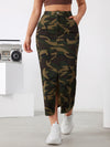 Fashionable camo denim midi skirt with slant pockets and side split, perfect for casual women's outfits.