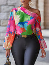 Vibrant Floral Slant Shoulder Blouse - Elegant Asymmetrical Lantern Sleeve Design, Comfortable Spring & Fall Essential, Women's Stylish Clothing for Work or Casual Occasions