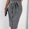 Chic houndstooth print bodycon skirt with button detail and tie waist, perfect for spring and fall women's fashion.