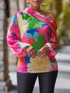 Vibrant Floral Slant Shoulder Blouse - Elegant Asymmetrical Lantern Sleeve Design, Comfortable Spring & Fall Essential, Women's Stylish Clothing for Work or Casual Occasions