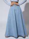 Fashionable Retro Flare Denim Skirt - Single-Breasted & High Rise - Timeless Maxi Silhouette in Washed Blue - Comfortable Inelastic Denim for Tall Womens Style