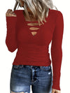 2024 New Arrival: Women's Long Sleeve Solid Color V Neck Waffle Knit Striped Casual Sweater Top