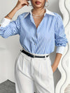 [Customer Favorite] Elegant Striped Blue & White Shirt for Women - Polyester, Machine Washable, Non-Sheer with Button Detail, Perfect for Fall/Winter