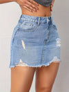 Chic Light Blue High-Waisted Bodycon Jean Mini Skirt - Stretchy, Casual Fit, Ripped Distressed Hem, Flattering Silhouette, Perfect for Daily Wear, Summer Outings and Casual Gatherings