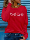 BEBE Casual Long Sleeve T-Shirt - Letter Print, Crew Neck, Stretchy Polyester Blend, Machine Washable - Perfect for All Seasons, Long Sleeve