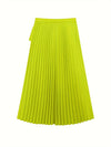 Bright green pleated high waist split skirt, perfect for fall and winter fashion. Ideal for chic, stylish looks.