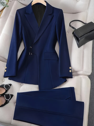 Women'S Fall Polyester Blazer Suit Set with Asymmetrical Button Detail, Solid Color, Casual Lapel Collar, Woven - Adult Regular Fit