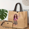 2 Pcs Fashionable Lady's Patterned Tote Bag Set: Lightweight Burlap Shopping Bag + Portable Travel Beach Bag with Makeup Bag