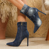 Chic Womens Denim Stiletto Boots - Sharp Pointed Toe, Sky-High Heels, Versatile All-Match Style with Smooth Side Zipper - Short Fashion Boots