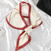 Small long silky scarf with elegant red and cream geometric design, perfect for versatile styling in spring and autumn.