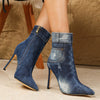 Chic Womens Denim Stiletto Boots - Sharp Pointed Toe, Sky-High Heels, Versatile All-Match Style with Smooth Side Zipper - Short Fashion Boots