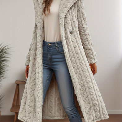 Plus Size Solid Fuzzy Hooded Coat, Warm And Cozy Long Sleeve Open Front Outwear For Fall & Winter, Women's Plus Size Clothing