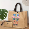 2 Pcs Fashionable Lady's Patterned Tote Bag Set: Lightweight Burlap Shopping Bag + Portable Travel Beach Bag with Makeup Bag