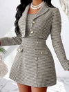 Elegant Plaid Two-Piece Dress Suit for Women - 100% Polyester A-Line Dress & Jacket Set with Lapel Collar and Long Sleeves for Spring/Fall, Button Details, Woven