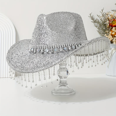 A Stylish And Luxurious Lady's Hat With Artificial Silvery Rhinestone Chain Decoration, Peach Heart Top Tassel Hat, Suitable For Weddings, Stage Performances, Mountaineering, And Versatile For Both Men And Women.