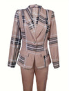 Striped Pattern Stylish Pantsuits, Lapel Long Sleeve Fake Pocket Blazer & High Waist Pants Outfits, Women's Clothing